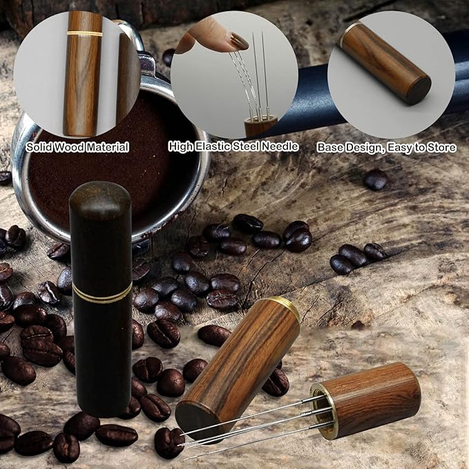 2 Pcs Espresso Distribution Tool, Espresso Stirrer Tool with Natural Wood Handle and Base, 5 Needles Espresso Coffee Stirrers Espresso Needle Distributor for Home Kitchen Cafe (Walnut and Rosewood)