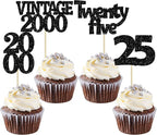 Gyufise 24Pcs 25th Birthday Cupcake Toppers Glitter Twenty-five Vintage 2000 Cheers to 25 Cupcake Picks Hello 25 Years Birthday Cake Decoration for Happy 25th Birthday Anniversary Party Supplies Black