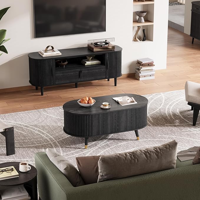 SULIVES Oval Coffee Table with Storage, Small Fluted Center Table - Image 8
