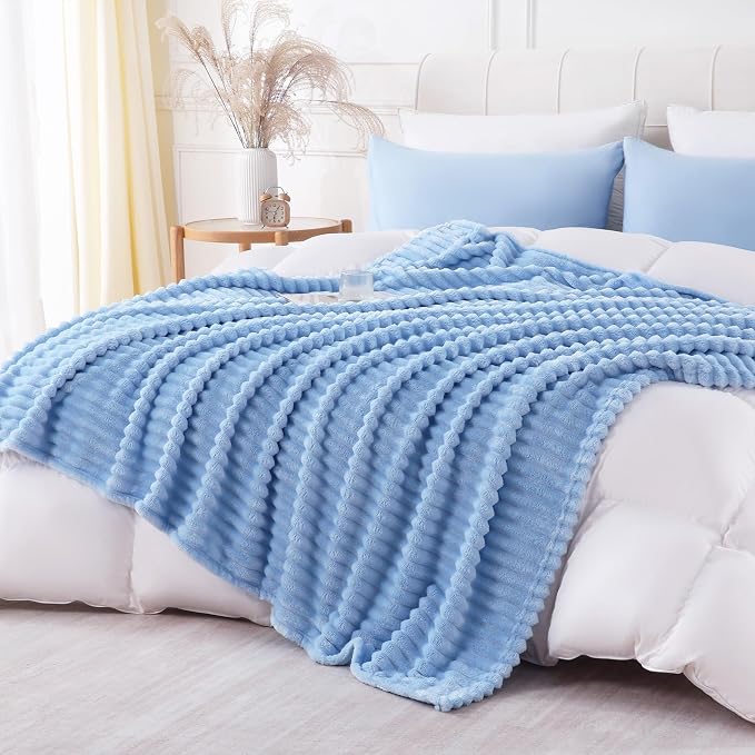 Light Blue Throw Blanket for Couch Sofa 108x90 inches Striped Design | Fleece by Unknown