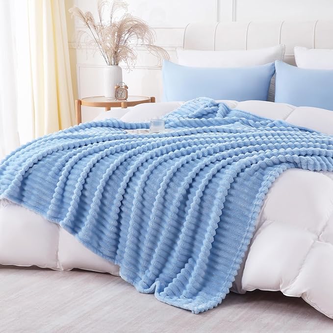 Light Blue Throw Blanket for Couch Sofa 50x60 inches Striped Design | Fleece - Image 5