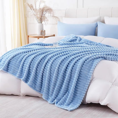 Light Blue Throw Blanket for Couch Sofa 50x60 inches Striped Design | Fleece - Image 5
