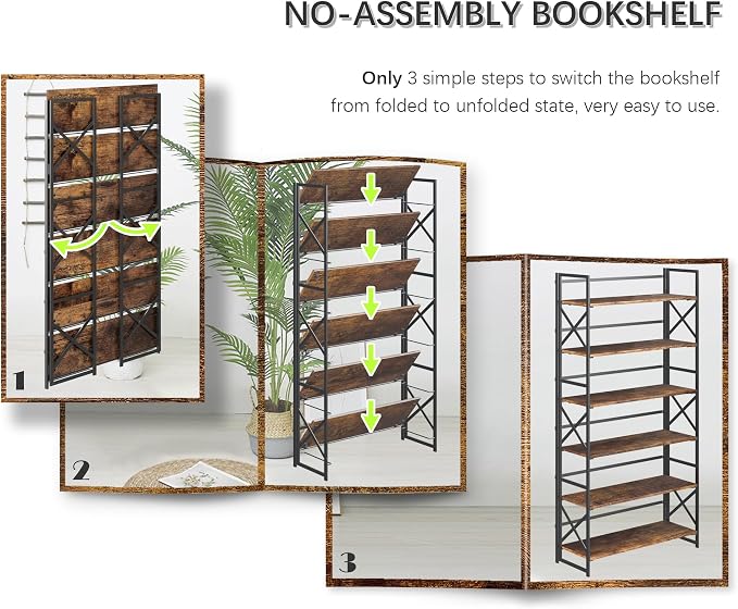 4NM Extra Wide 6 Tiers No Assembly Book Shelves, 61.8" H Folding Bookshelf - Image 6