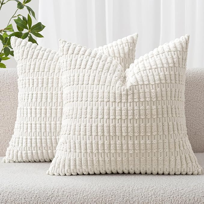 MIULEE Corduroy Decorative Throw Pillow Covers 16x16 Pure White Pack of 2 | by MIULEE
