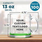Custom Libbey Clear Glass Coffee Mugs 13 oz. Set of 100, Personalized Bulk Pack - Perfect for Coffee, Tea, Espresso, Hot Cocoa, Other Beverages - Green Bottom