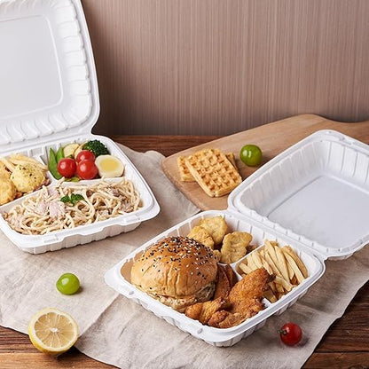 FULING 9X9 3 Compartment 50-Pack Plastic Clamshell Take Out Food Containers, Heavy Duty Disposable To-go Box For Cake, Sandwich, Salad, Dessert