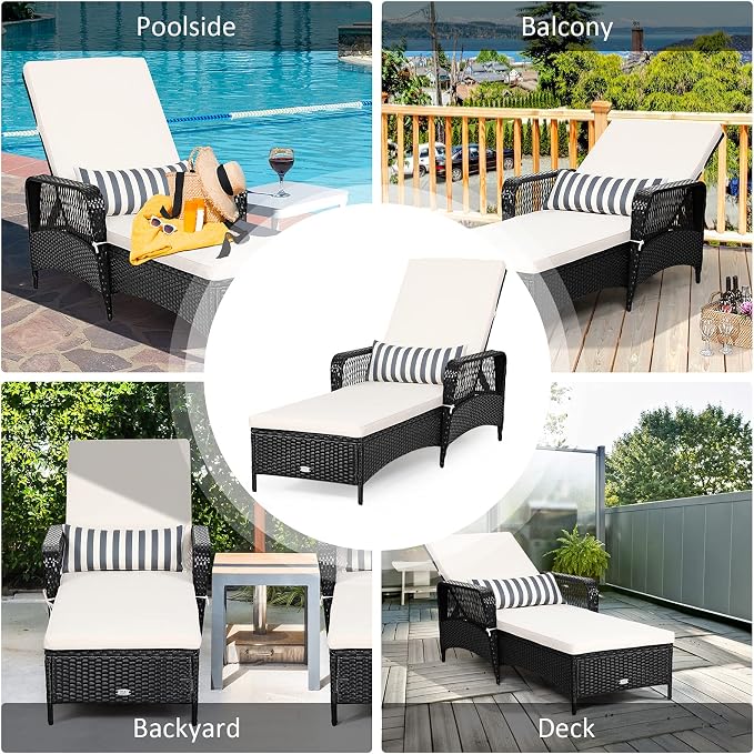 COSTWAY PE Rattan Chaise Lounge Chair Armrest Recliner Adjustable Pillow Black - Image 5