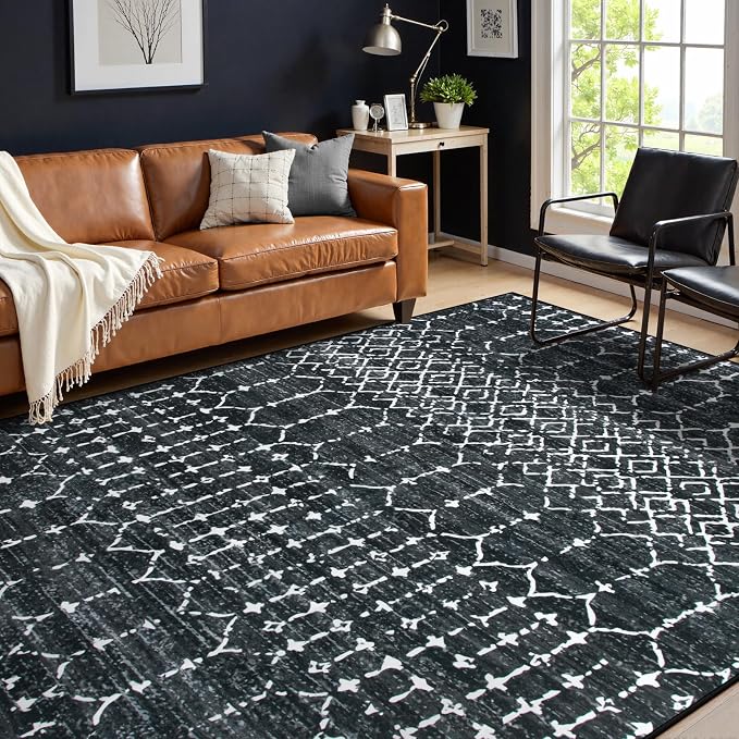 Lahome Moroccan Black 9x12 Rug for Living Room, Washable Non-Slip Ultra-Thin by Lahome