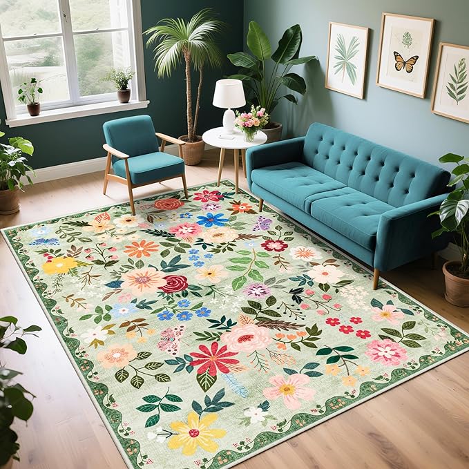 PLHXFR Area Rug Living Room: 5x7 Floral Washable Boho Soft Carpet Green | by PLHXFRSoftAreaRugs