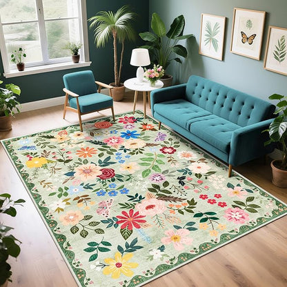 PLHXFR Area Rug Living Room: 5x7 Floral Washable Boho Soft Carpet Green | by PLHXFRSoftAreaRugs