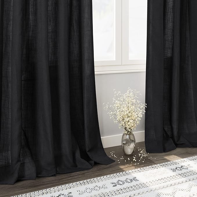 Solid Black Curtains 96 Inches Long 2 Panel Set Back Tab Sheer Black Linen - Image 6
