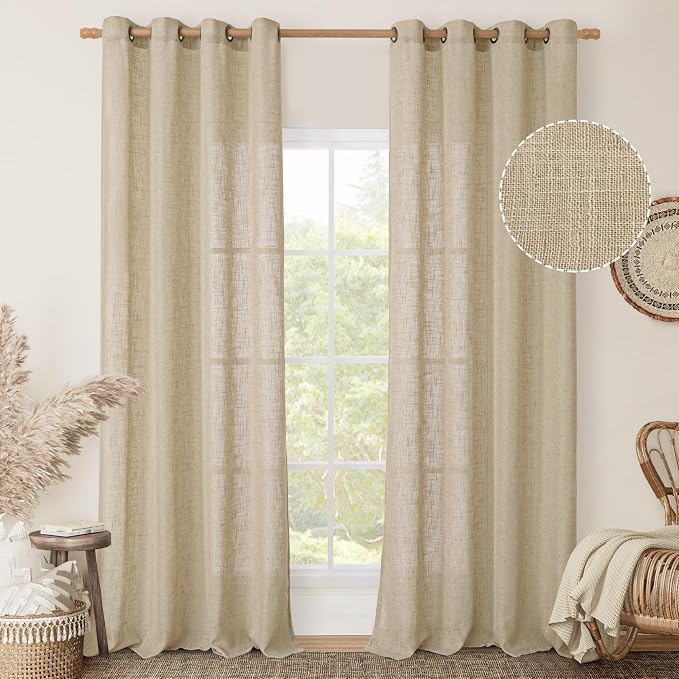 Brown Sheer Linen Curtains 96 Inches Long 2 Panels Set, Light Filtering Boho by LAMIT