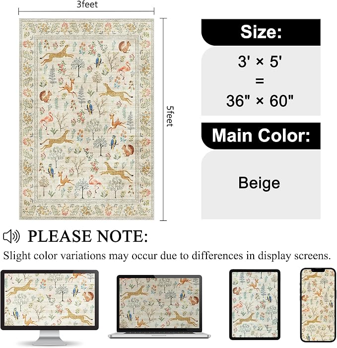 DUKINO 3x5 Rug, Washable Animal Area Rug - Image 2