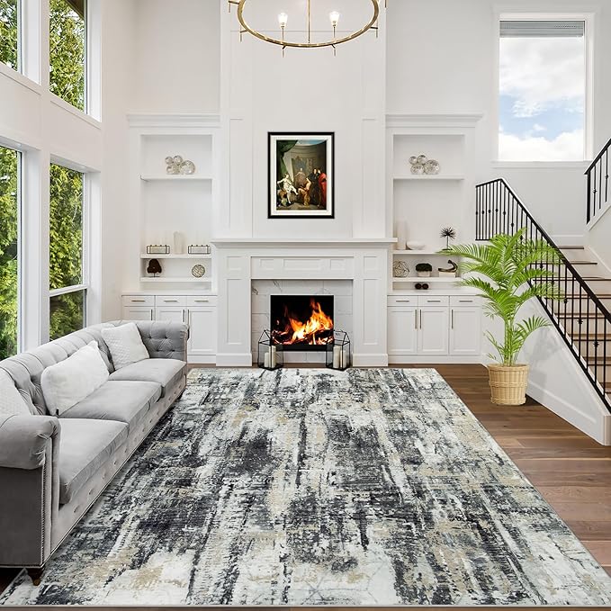 4x6 Area Rugs for Living Room: Washable Abstract Black Grey Gold Carpet | by GENTDRIZZ