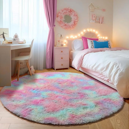 Rainbow Round Rugs 6ft for Living Room Bedroom, Fluffy Circle Area Rug for Kids - Image 3