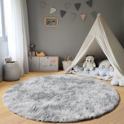 Round Rugs 5ft for Bedroom Living Room, Fluffy Tie-Dyed Light Grey Circle Area - Image 6