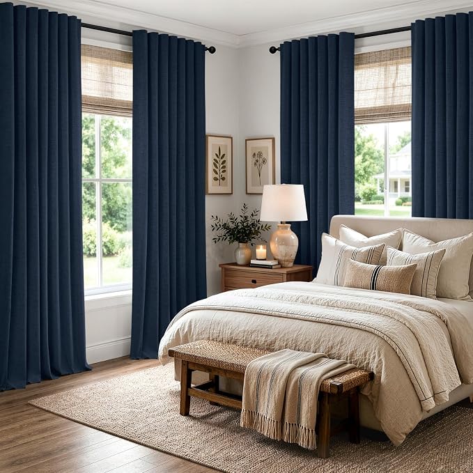 MIULEE 100% Blackout Linen Curtains 42 x 96 Inch Midnight Blue 2 Panels | - Image 8