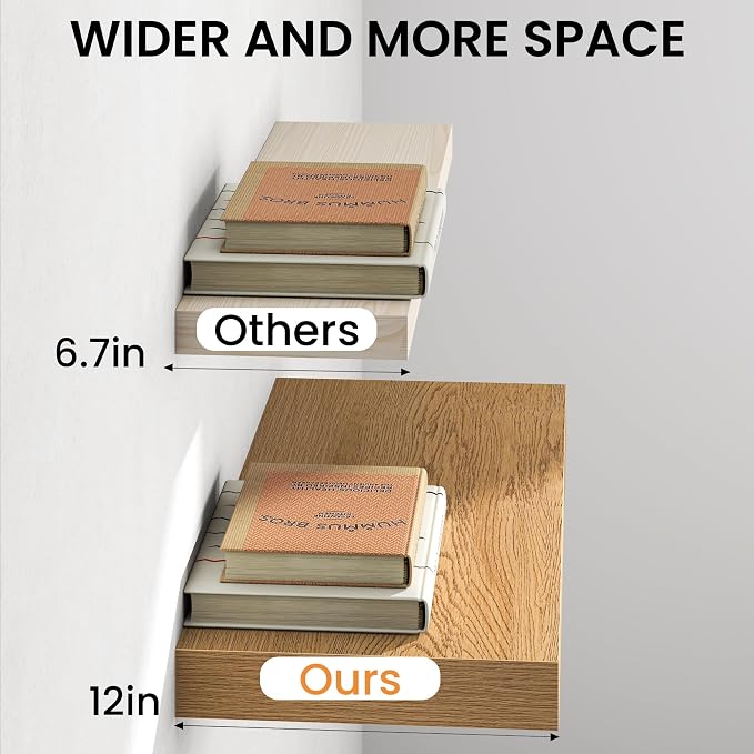 32Inch Oak Floating Shelves for Wall, 12 Inch Deep Shelves for Bedroom - Image 3