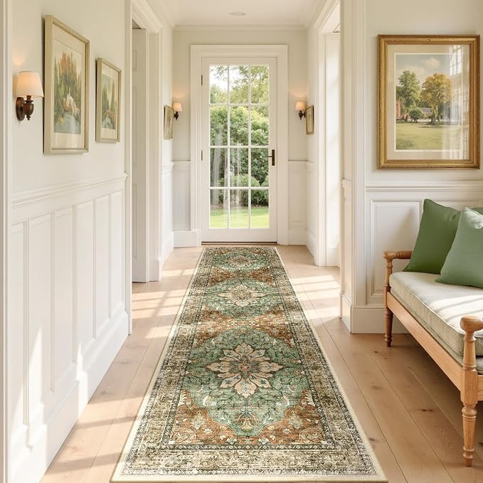 RELEANY Washable Area Rug, Runner 2'x7', Brick/Brown/Green | Non-Slip, Water - Image 2