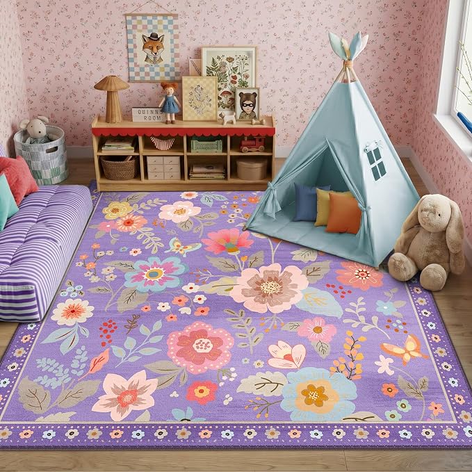 RELEANY Floral Washable Square 8ft Area Rug Purple/Pink | Flower Carpet Print - Image 6