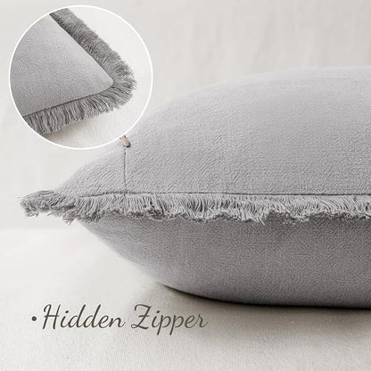 MIULEE Boho Linen Fringe Decorative Throw Pillow Covers Light Grey 18x18 | Set - Image 3