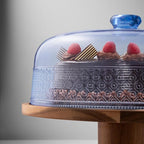 Godinger Cake Stand, Footed Cake Plate with Dome, Acacia Wood and Shaterproof Acrylic Lid, Wood Cake Stand with Dome Vintage Romantic Decor - Blue