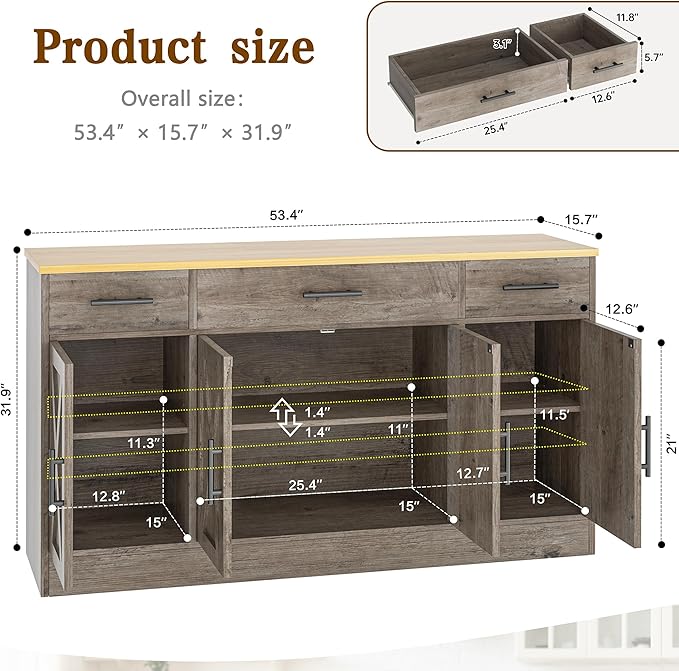 Vongrasig 53" Large Sideboard Buffet Cabinet With 4 Doors and 3 Drawers, Farmhouse Coffee Bar Kitchen Storage Cabinet, Wood Table for Kitchen, Dining Room, Ash Grey