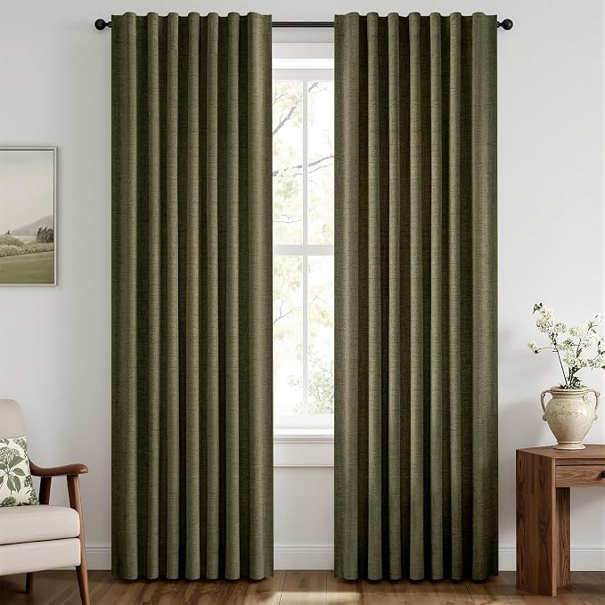 MIULEE 100% Blackout Linen Curtains 42 x 84 Inch Light Olive Green 2 Panels | by MIULEE