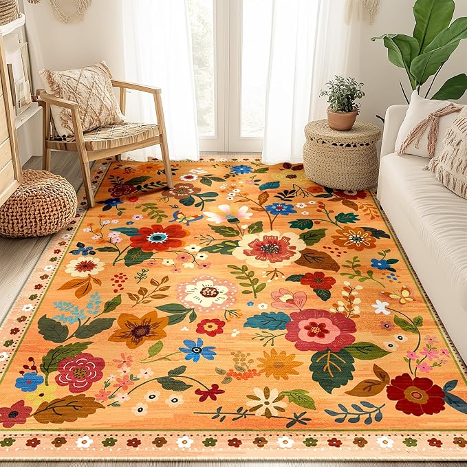 RELEANY Floral Washable 5x7 Area Rugs Yellow/Orange/Red | Flower Carpet Print - Image 2