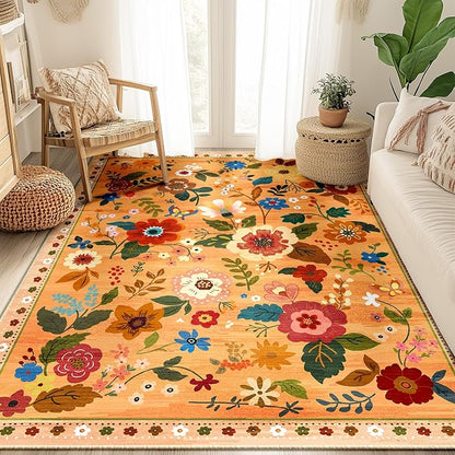 RELEANY Floral Washable 4x6 Area Rugs Yellow/Orange/Red | Flower Carpet Print - Image 9