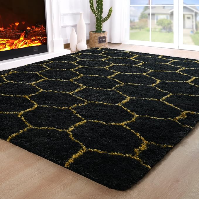 6x9 Large Black Gold Fluffy Soft Area Rug Non-Slip by ModernHomeDecor