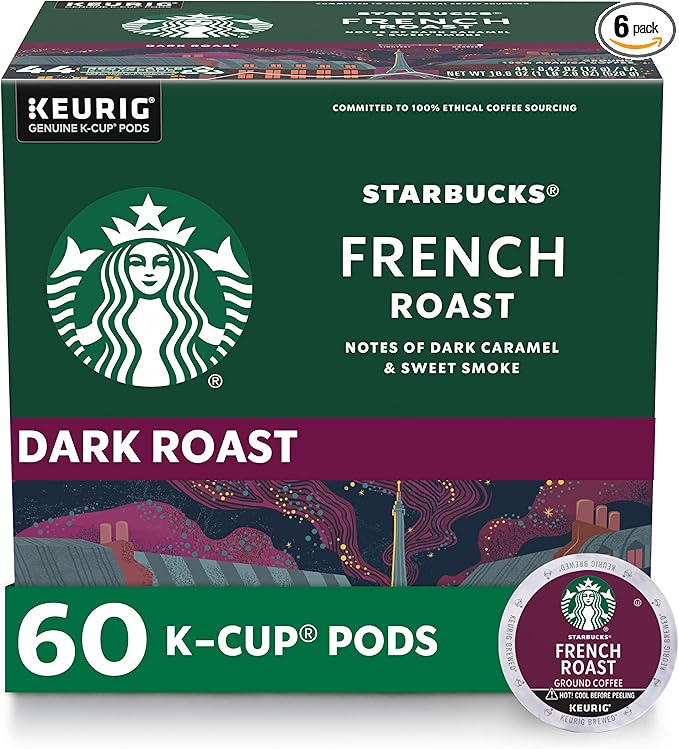 Starbucks K-Cup Coffee Pods, Dark Roast Coffee, French Roast for Keurig Brewers, 100% Arabica, 6 boxes (60 pods total)