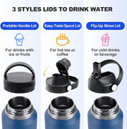 HYDROWION 40 oz Insulated Water Bottle with Straw fit in Car Cup Holder(Cold 48 hrs, Hot 24 hrs) Drinking Bottle with Straw Lid, Spout Lid and Flex Cap Leakproof Travel Thermo Mug，Black