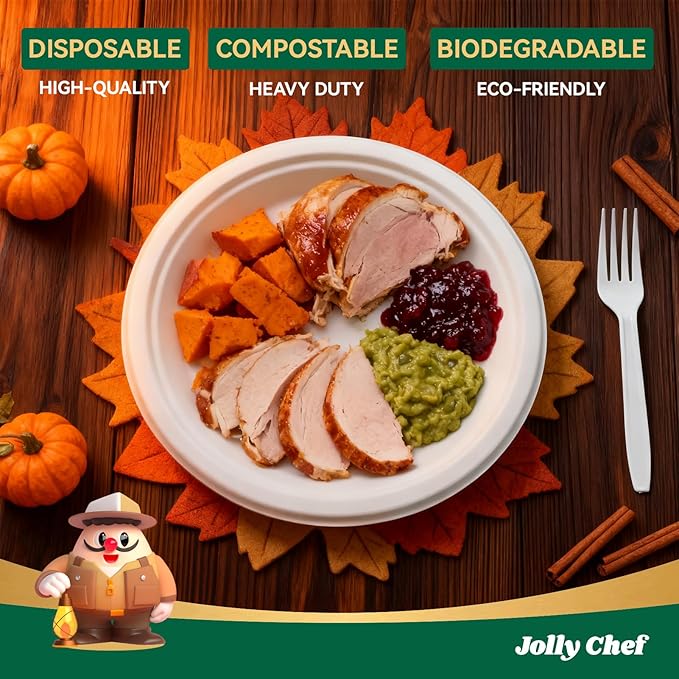 JOLLY CHEF Compostable Heavy Duty Plates 𝟭𝟬 𝗜𝗻𝗰𝗵 [𝟯𝟬𝟬 𝗣𝗮𝗰𝗸] Eco-Friendly Disposable White Paper Plates Made of Bagasse Biodegradable Bulk for Party Dinner Sugarcane Thanksgiving Day