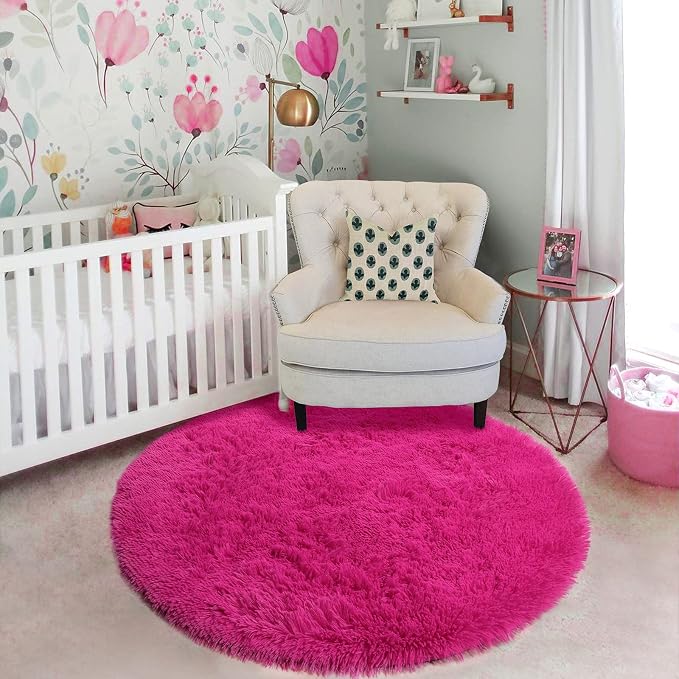 Amdrebio Hot Pink Shaggy Small Round Rug 3Ft - Image 7
