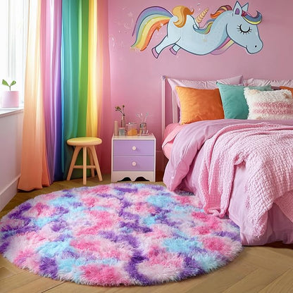 Amdrebio Pink Blue Purple Fluffy Large Round Rug 6Ft - Image 3