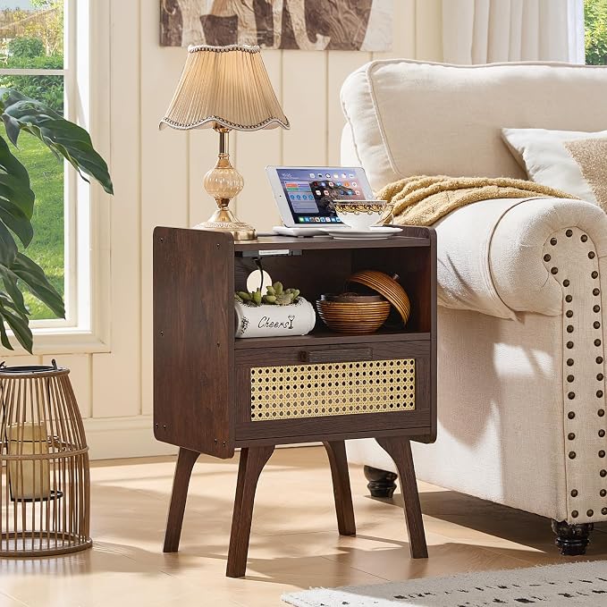 Lerliuo Rattan Nightstand with Charging Station, Walnut Bedside Table with - Image 2