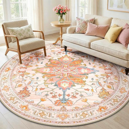 RELEANY Washable Area Rug, Round 6ft, Water Repellent, Pet Friendly, Vintage by RELEANY