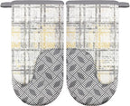 Thumb Oven Mitts, Heat and Slip Resistant Silicone Kitchen Mittens 2-Pack Set, Vintage Plaid Soft Long Oven Gloves, Flexible Thick Potholders for Safe Baking Cooking and Grilling (Vintage Grey)