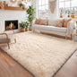 Amdrebio Beige Boho Fluffy Shag Neutral Area Rug 5x7 by Amdrebio