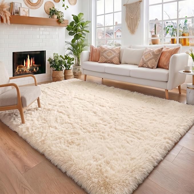 Amdrebio Beige Boho Large Fluffy Shag Area Rug 6x9 by Amdrebio