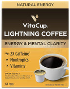 VitaCup Lightning Coffee Pods, for Focus w/ 2X Caffeine, Green Coffee Bean, B Vit, D3, Strong Dark Roast Arabica Beans, Single Serve Pod Compatible with Keurig K-Cup Brewers, 64 Ct (4 Pack of 16 ct)