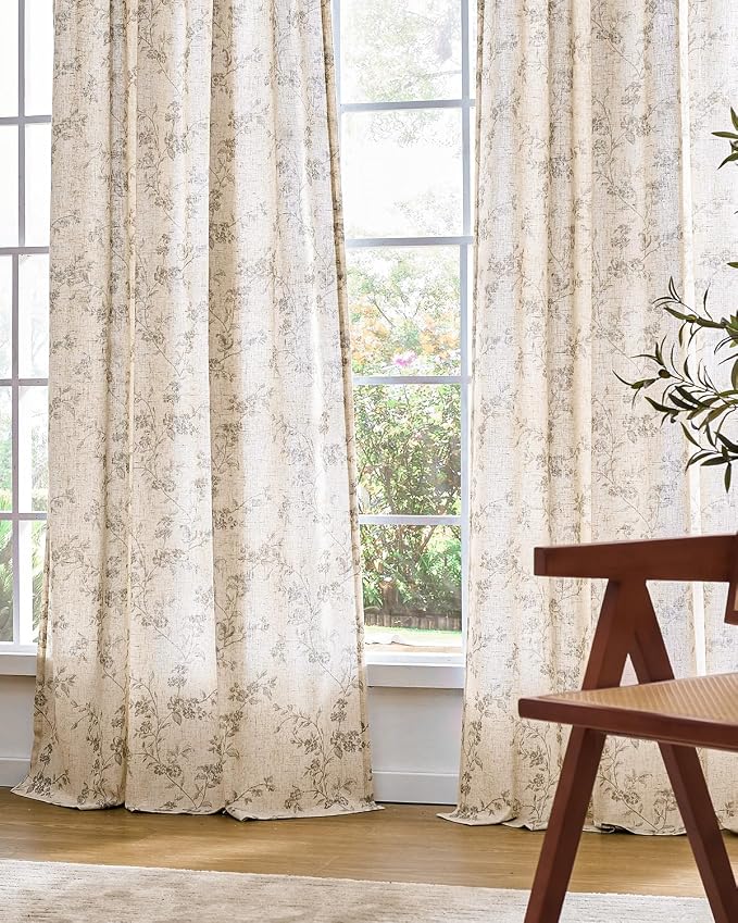 Grey Vintage Floral Linen Curtains Farmhouse 38W X 63L 2 Panels | Elisa Series - Image 7