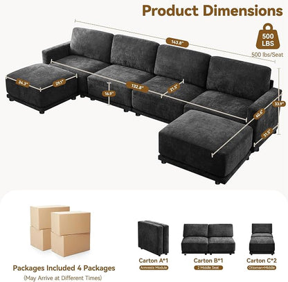 143.8" Modular U Shaped Sofa, Oversized Sectional Cloud Couch, 6 Seater Deep - Image 2