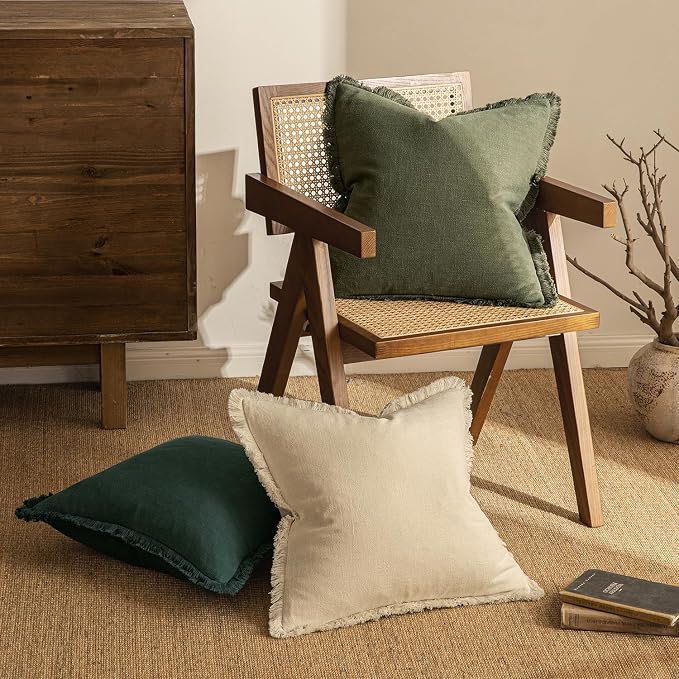 MIULEE Boho Linen Fringe Decorative Throw Pillow Covers Olive Green 20x20 | Set - Image 4