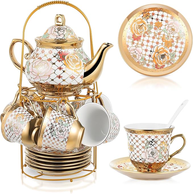 Zhehao 20 Pcs Porcelain Tea Set with Metal Holder and Spoon Adult Ceramic Tea Party Set European Flower Painting Teapot Cup Saucer Spoon Set for Women, Large Version(Delicate Style)