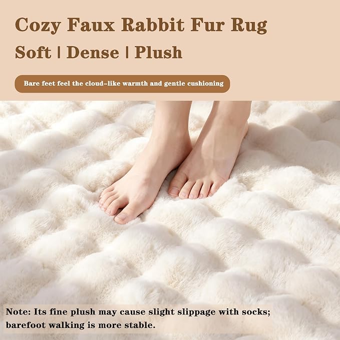 Creamy White Rabbit Plush Rug 8'x10', Fluffy Faux Fur Shaggy Area Rug - Image 5