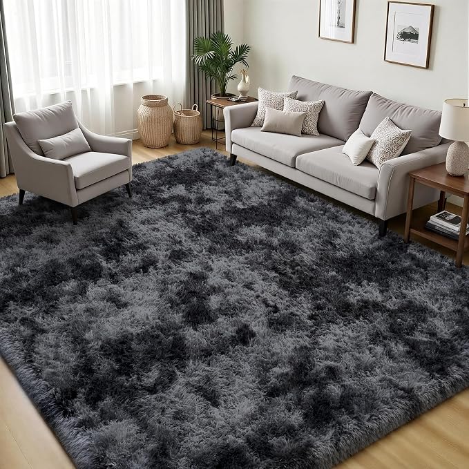 PLHXFR 4x6 Area Rugs Living Room: Fluffy Bedroom Soft Shag Rug Black Grey | - Image 3