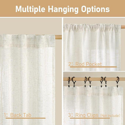 Cream Linen Curtains 40 Inch for Kitchen Window Over Silk, 2 Panels | Light - Image 3