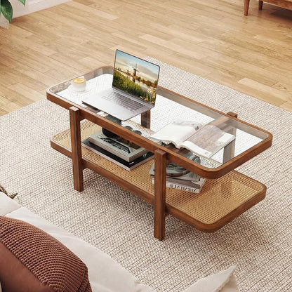 Giantex Rattan Coffee Table, 47.5" Rectangle Solid Wood Tea Table w/Tempered - Image 8